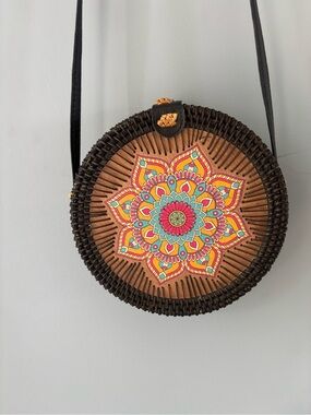Woven Round Crossbody Bag with Colorful Mandala - Brown